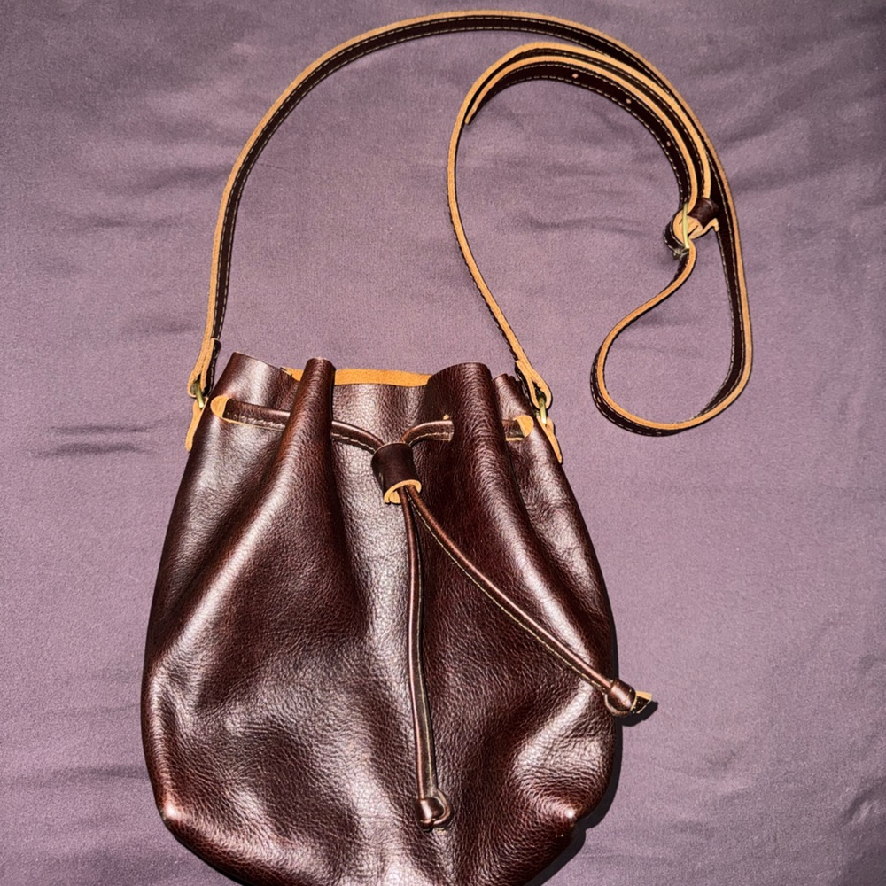 Portland leather goods bucket bag in the color cold brew